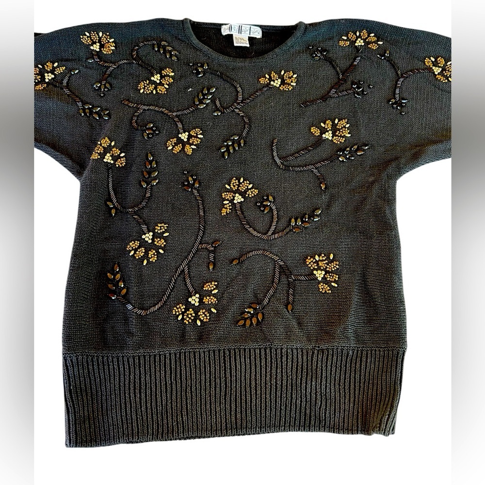 Vintage 80s Beaded Embellished Black Sweater Gold Metallic Knit Crew Neck Dolman